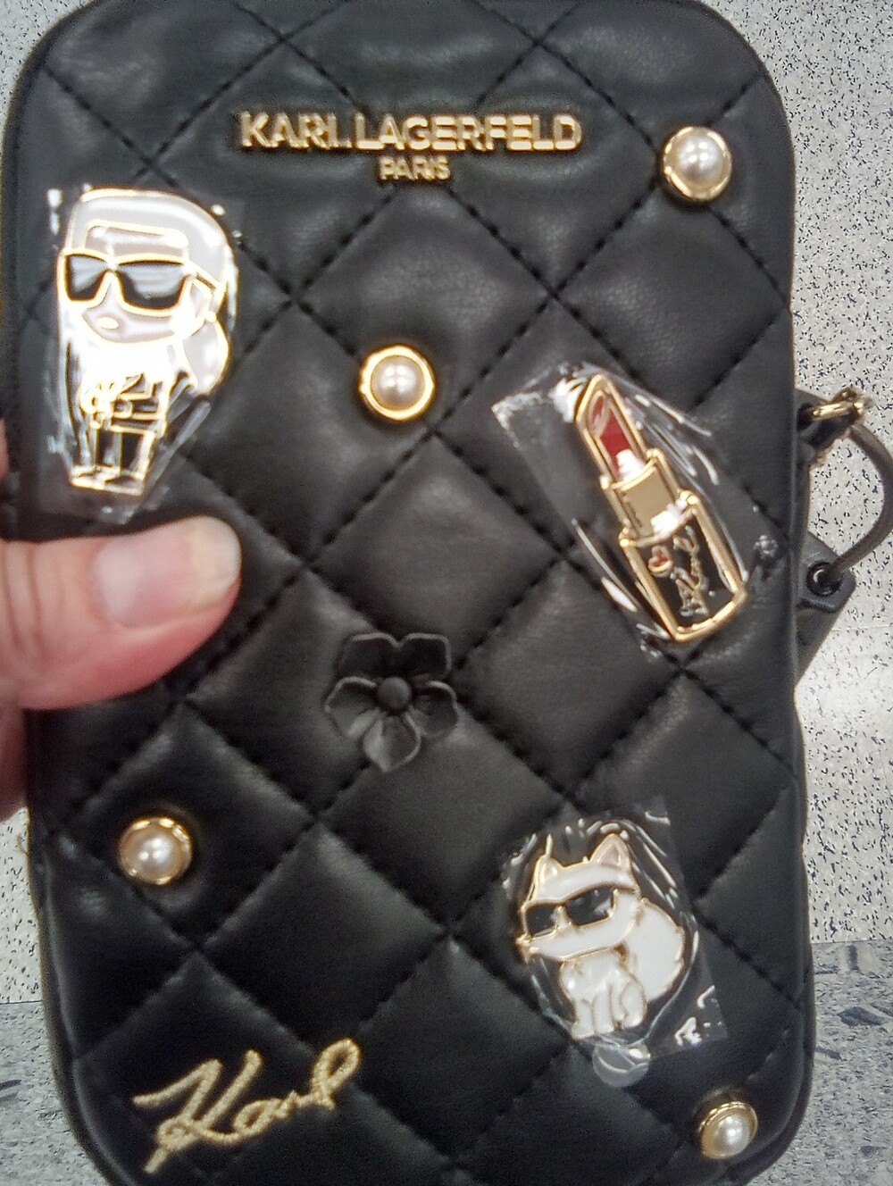 Karl Lagerfeld Black Quilted Mini Crossbody Purse w/Decals